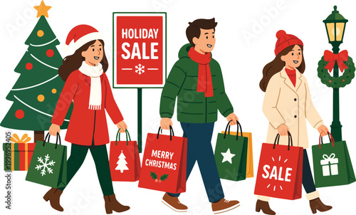 Christmas shopping people carrying gift bags holiday sale flat vector illustration