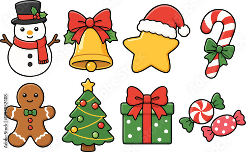 Christmas icon set snowman tree gingerbread candy flat vector