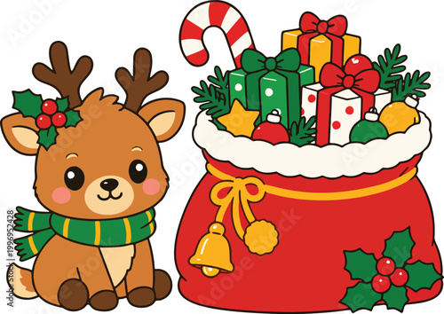 Cute reindeer with christmas gift bag flat vector illustration