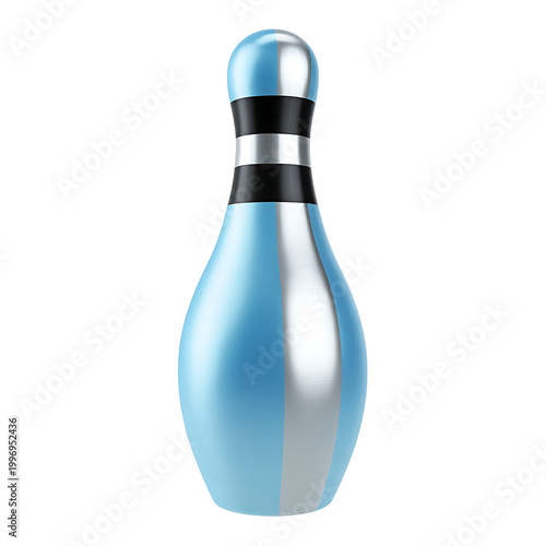Light blue and silver bowling pin illustration with black stripes on white