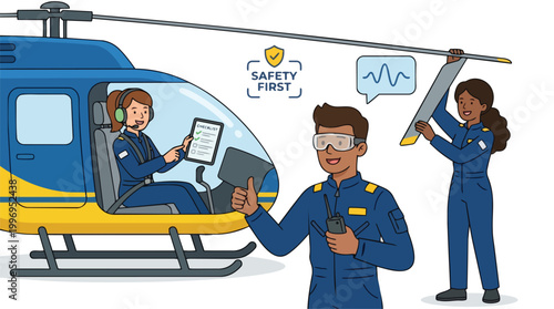 Helicopter Maintenance Team Performing Safety Checks Before Flight Aviation Workers Inspecting Rotor Blades
