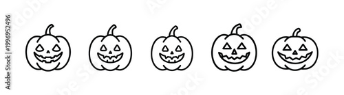 Halloween pumpkin line icons set jack o lantern scary face spooky autumn holiday ornament carved vegetable fall seasonal & more vector illustration with editable stroke.