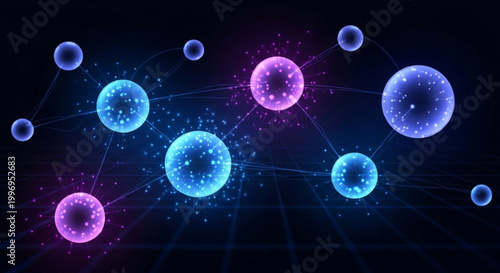 A vibrant vector graphic illustration of glowing blue and pink orbs connected by lines on a dark background