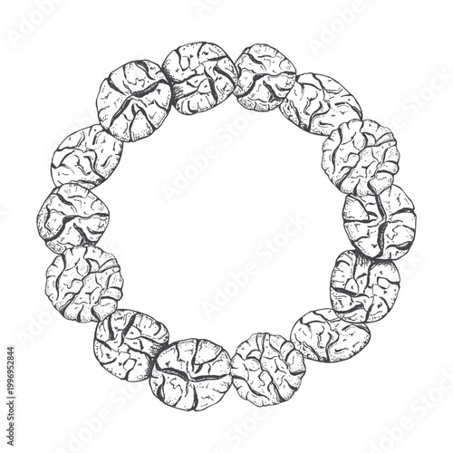 Hand drawn cookies circular frame vector isolated black ink sketch. Round cracked surface pastry wreath with empty space for text. Food design template for bakery menu, recipe cards, packaging.