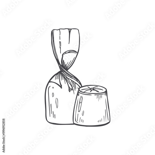 Hand drawn candy in wrapper and chocolate truffle vector isolated black ink line art. Sweet dessert illustration for confectionery shop menu, holiday. Graphic sketch of sugary snack design element