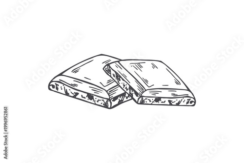 Two broken pieces of chocolate with nuts vector isolated line art. Hand drawn sketch of sweet cocoa dessert. Food illustration for menu design, confectionery packaging, bakery decoration