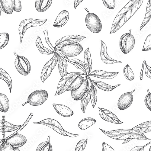 Almond and leaves seamless pattern monochrome vector isolated illustration. Hand drawn nuts on branch ornate. Vintage ink organic food drawing for wrapping paper, textile print and culinary design