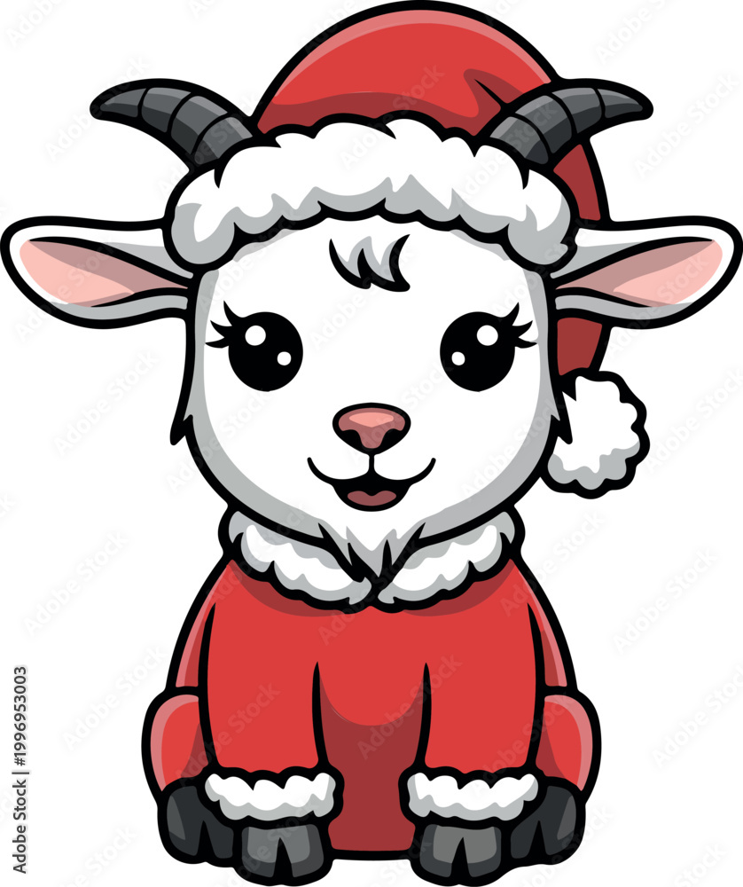 Fototapeta premium Cute goat wearing Santa hat and festive outfit symbolizing 2027 New Year celebration flat vector illustration design