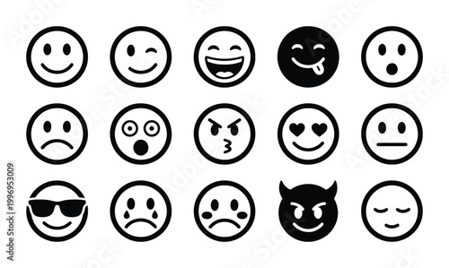 Foto Diverse Emoji Faces Vector Set: Happy, Sad, Angry, Cool, Winking, Laughing, Love