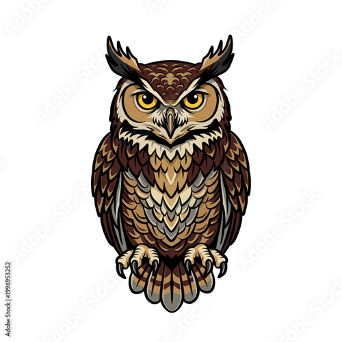 Detailed owl illustration in full color with intricate feathers and piercing eyes, isolated on white background. Ideal for wildlife themes, mascot logos, education, tattoo and nature designs