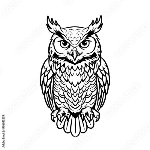 Black and white owl line art illustration with intricate feather details, ideal for coloring books, logos, tattoo stencils, educational graphics and wildlife themed designs