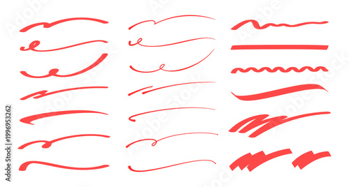 ペンやマーカーで書いたような手書きのアンダーラインセット（赤）