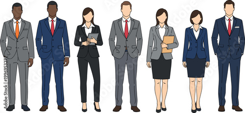 Business Professional Team Vector Illustration with Diverse Executives, Men and Women in Suits, Formal Attire, and Business Outfits for Corporate, Office, and Leadership Concepts
