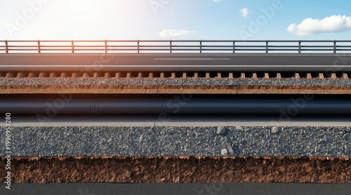 Cross section shows roadway layers including asphalt pavement and drainage system below. A large pipe runs horizontally beneath the roadbed, surrounded by gravel and soil.