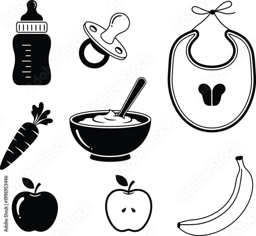 Baby food with bottle pacifier bib carrot apple banana
