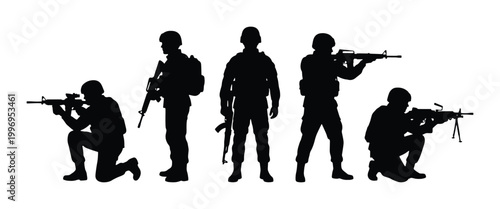 Bild auf Leinwand Silhouette Soldiers, Military Team, Armed Forces, Combat Ready, Tactical Units,