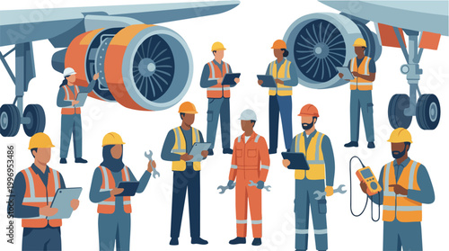 Diverse Aviation Maintenance Team Inspecting Aircraft Engines Vector Illustration