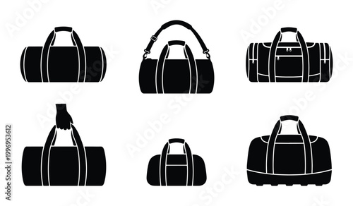 Bild auf Leinwand Duffel Bag Collection, Gym Bag Icons, Travel Luggage Set, Sports Gear Vector Gra