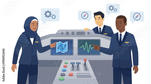 Diverse Airline Pilots Team Operating Modern Aircraft Cockpit Display Showing Navigation And Flight Data For Safe Aviation