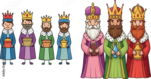 Three Wise Men Magi Kings Cartoon Vector Illustration Set