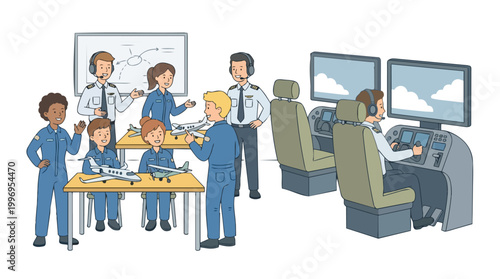 Pilot Training School Illustration Diverse Aviation Workers Learning Flight Simulation and Aircraft Models