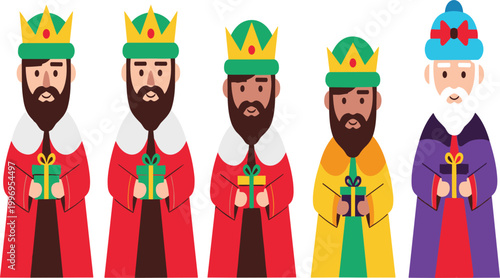 Three Wise Men Nativity Characters with Gifts Flat Vector Illustration Set