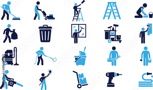 Cleaning service icons set with sweeping mopping vacuuming and trash bin symbols.