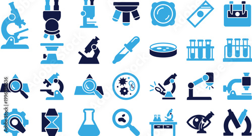 Science and research icons set with microscopes beakers petri dishes and DNA symbols.