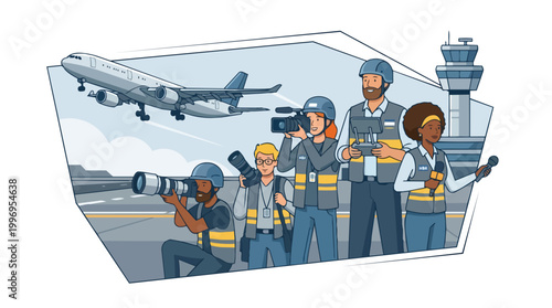 Aviation Industry Team Covering Airplane Takeoff Vector Illustration Diverse Workers Reporting News
