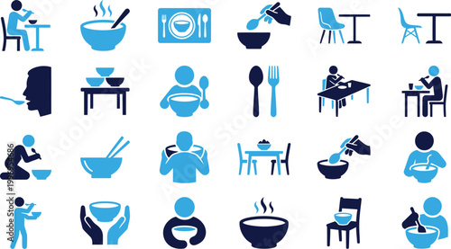 Eating and dining icons set with people eating bowls spoons and table settings.