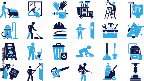 House cleaning tools and professional equipment icons vector set.