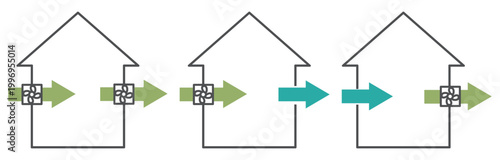 換気システムの第一種と第二種と第三種をイメージしたアイコンセット