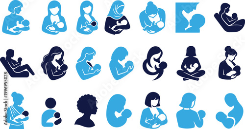Set of mother and baby breastfeeding icons in blue color, different poses and styles, representing motherhood and love.