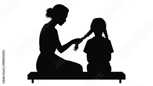 Silhouette hair braiding, two people bonding, family care, nurturing love, parent child grooming, minimalist art, black figures, trust, unity, affection