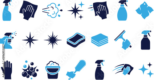 Cleaning supplies and actions icons in blue color, representing hygiene, tidiness, sparkle, and household chores.