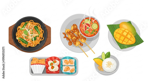 A colorful vector illustration of various Asian dishes and desserts on plates and trays