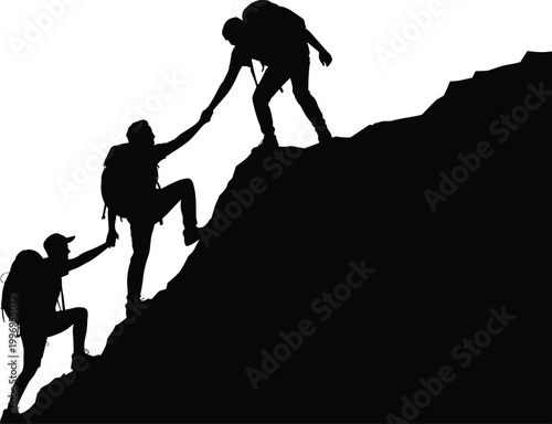 Teamwork climbing silhouettes, mountain hiking, cooperation icon, adventure vector illustration, black silhouettes, outdoor support graphic, isolated background