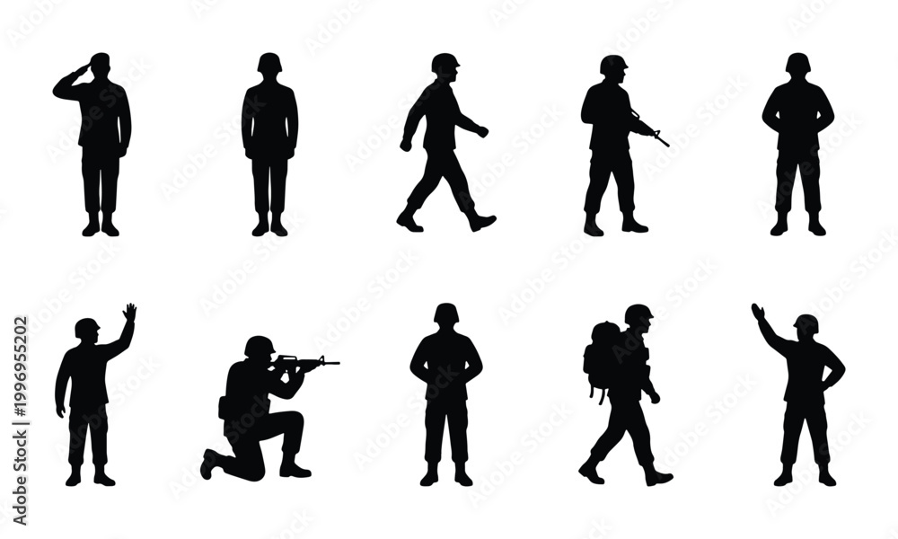 Obraz premium Military Soldier Silhouettes Collection, Diverse Poses and Actions, Vector Icons for Army and Defense Concepts