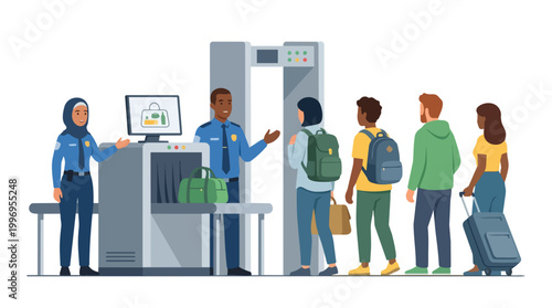 Airport Security Checkpoint Illustration Diverse Workers Screening Passengers with X-Ray Scanner and Metal Detector