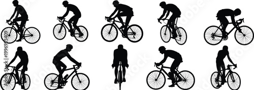 Cyclist silhouettes collection, bicycle riders, cycling postures, racing positions, road bike icons, vector design, black silhouettes, sports illustration, isolated background