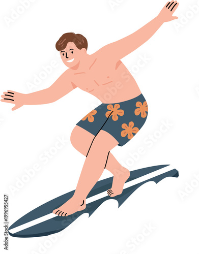 Young man surfing on ocean waves with surfboard vector illustration