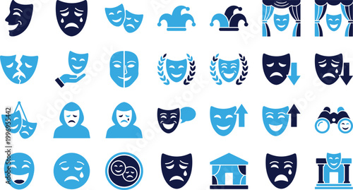 Theater masks icons representing emotions like comedy tragedy joy and sadness with curtains and laurels.
