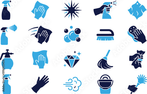 Cleaning tools and supplies icons in blue color, representing home care, hygiene, sparkle, and fresh results.