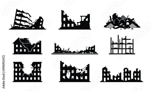 Tableau sur toile Disaster Building Silhouettes, Ruined Architecture Icons, Destroyed Construction