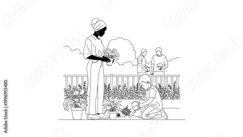 A woman in 2D AutoCAD style tends plants with a child in a garden.