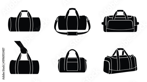 Bild auf Leinwand Black Duffel Bag Icons Set, Versatile Gym and Travel Luggage Collection, Sports