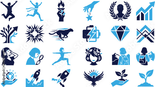 Success and achievement icons set with running jumping torch and award laurel wreath.