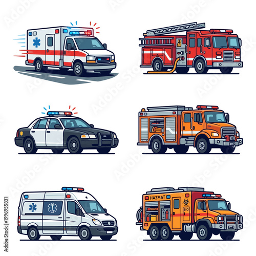 Vector set of emergency vehicle illustrations for first responders