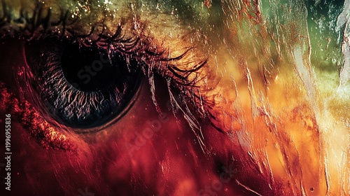 High-grain macro abstract photograph with deep red, brown and muted green tones, dark curved circular highlight element on left, gradual bright color transition on right, dense white flecks