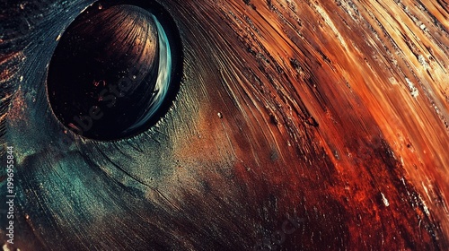 High-grain macro abstract photograph with deep red, brown and muted green tones, dark curved circular highlight element on left, gradual bright color transition on right, dense white flecks